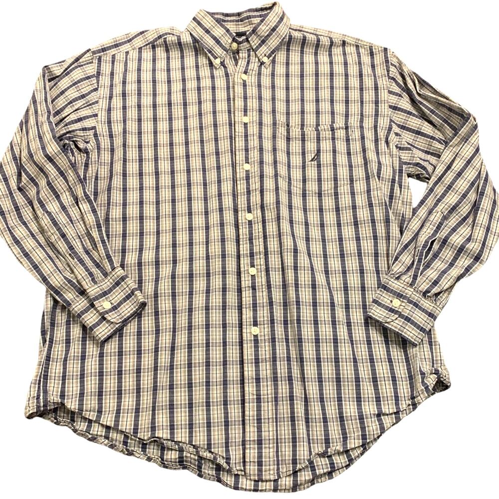 Nautica Mens navy blue plaid cotton button down shirt XL